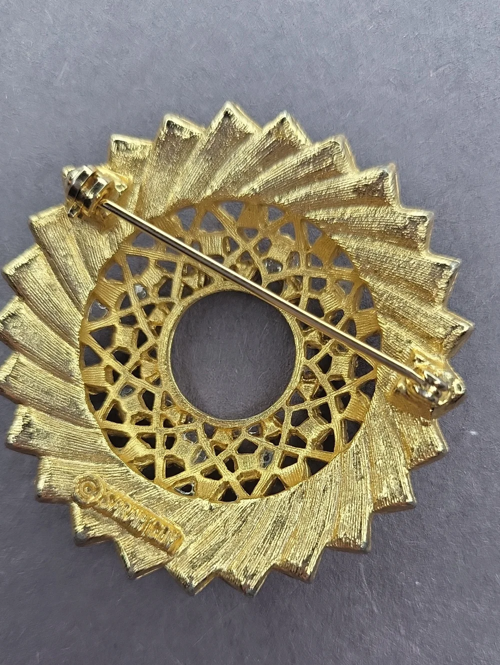 Sarah Coventry Gold-Tone Turquoise & Clear Crystal Round Floral Brooch